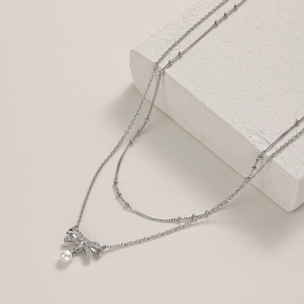 Bow & Pearl Wrapping Silver Necklace