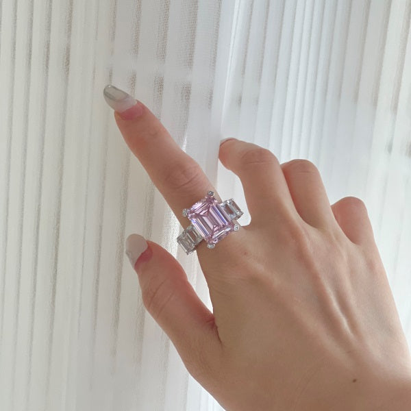 Grand Pink Rectangular Stone Silver Ring