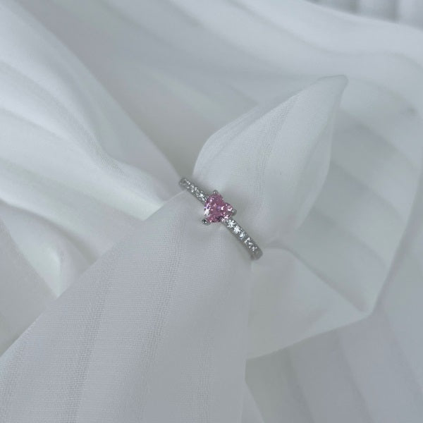 Small Pink Heart Gem Silver Ring
