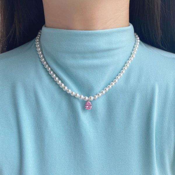 Pink Raindrop Gem Pearl Necklace