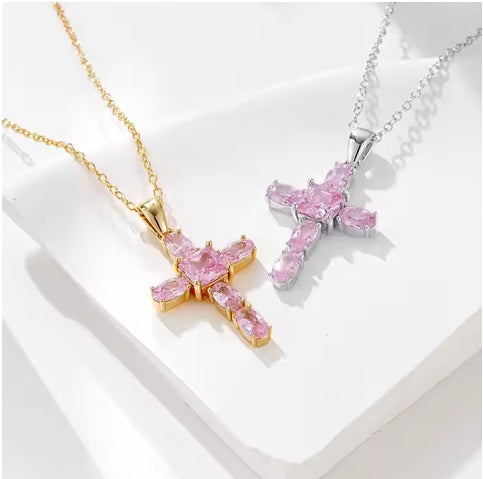 Pink Stone Cross Pendant Necklace