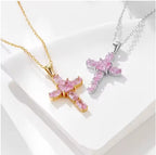 Pink Stone Cross Pendant Necklace