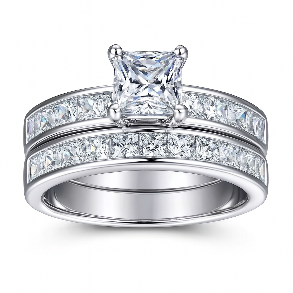 Two-Piece Princess Cut Zirconia Ring Set in Sterling Silver