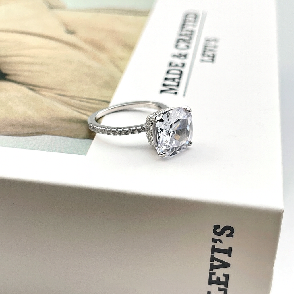 Cushion Cut Zirconia Ring in Sterling Silver or Gold